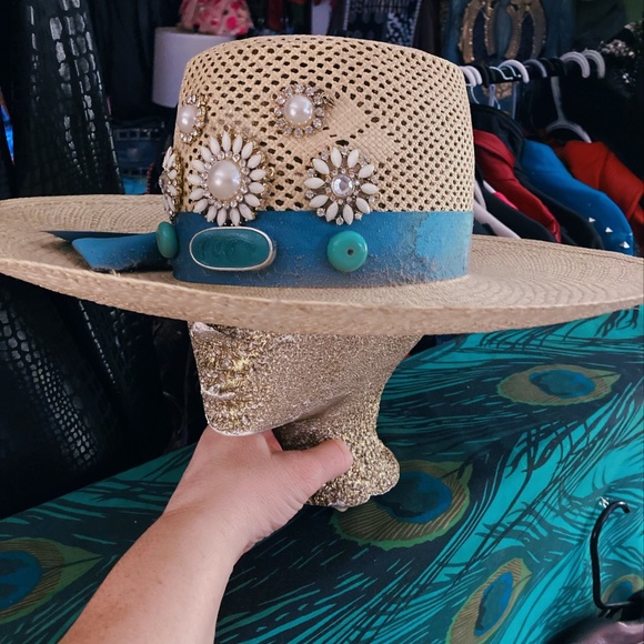 Customed Blue Ribbon Jeweled Straw Hat main image 10